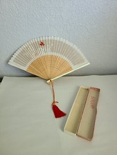 Vintage Bamboo Hand Fan Hand Carved Embroidered, Butterfly And Flowers