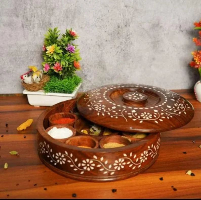 Wooden Spice Box, masala dabba - White Enclave by Indicrafts Global