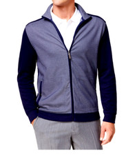 Tasso Elba Men's Jacquard Full Zip Sweater, Navy Blue, Medium