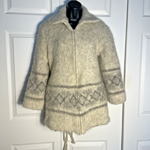 Vintage 80s Alafoss Icewool Jacket Women Small Beige Brown 100% Virgin Wool Zip - Picture 2 of 11