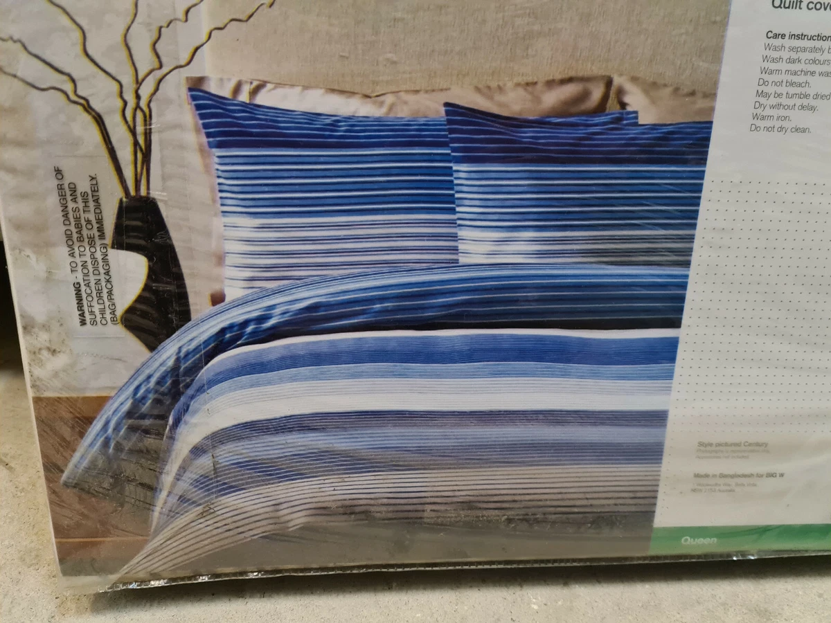 Big W Century Blue Stripe Print Queen Bed Quilt Cover Set New