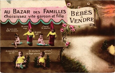 PC MULTIPLE BABIES CHILDREN BAZAAR SACKS VINTAGE POSTCARD (b68668)