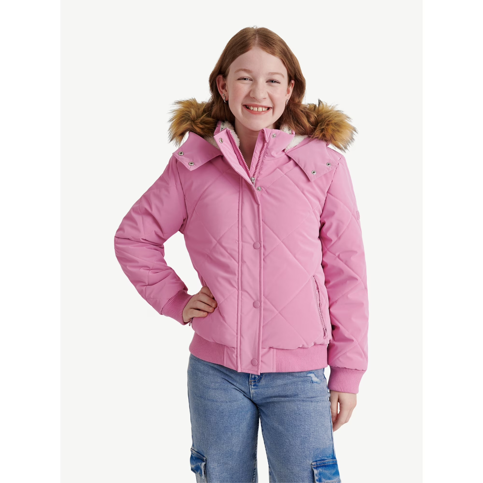 Justice Girls Velvet Puffer Bomber Winter Hooded Coat w Faux Fur Size Small 7/8 image 3