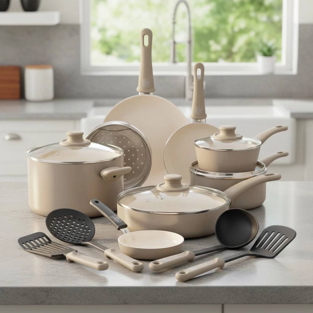 16-Piece Taupe Nonstick Cookware Set - Non-Toxic Ceramic Safe for All Stovetops
Opens in a new windo