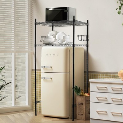 2 Tier Mini Fridge Shelf with Storage for Dorm Adjustable Height Wheels Metal
