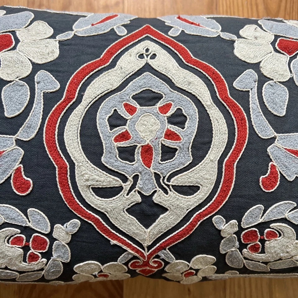 Cynthia Rowley Pillow Cover Insert Lumbar Blue Red Embroidered Floral Home 12x26 - Image 3 of 4