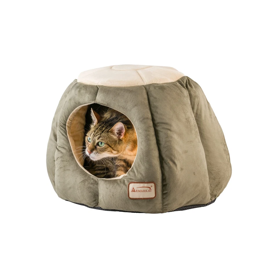 Cat Bed, Laurel Green & Beige, Soft Velvet, Waterproof, 20"x20"x14", Washable - Image 4 of 4
