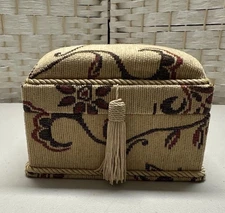 Vintage Rectangle Fabric Covered  Sewing Trinket Box Tapestry Lid and Tassel