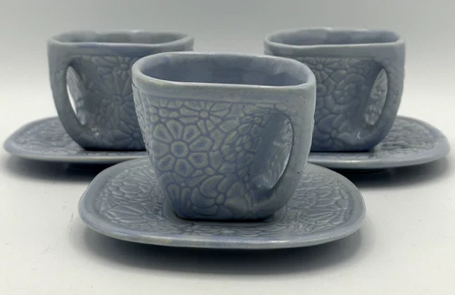 Vintage Niloak Pottery Castware Bouquet Cup and Saucer - Set of 3 - Light Blue