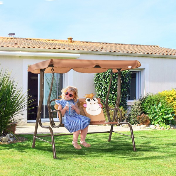 Columpio con dosel de patio para niños de 2 asientos con toldo ajustable, cinturón de seguridad, patrón de mono