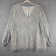 Nine West Blouse Womens XXL White Animal Print Chiffon V Neck Pleated Tunic Top