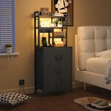 Night Stand, Tall Nightstand with Charging Station and Lights, Side Table wit...