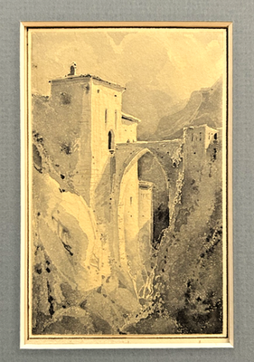 #ad Aquarelle Ancienne Old Water Color Romantisme XIXe Siècle Paysage Architecture EUR 105.00