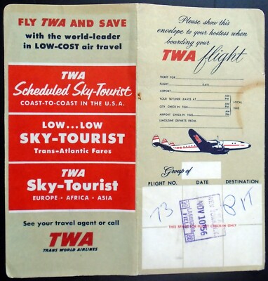 1956 TWA Ticket Envelope, Route Map, Reservation Offices, Information ...