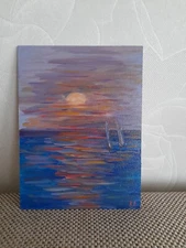 seascape original oil painting, sailboats at sea, sunset on the sea, sea ​​art