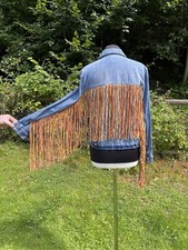 Scully Womens Denim Jacket Multicolour Leather Fringing Back Arms Uk M Festival 