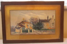 Antico dipinto ad acqua di una casa - Firmato R.C.F. 1900 - Incorniciato e smaltato