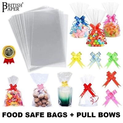 Clear Cellophane Sweet Bags Kids Party Treats Gifts for Cookies Pull Bow Ribbons