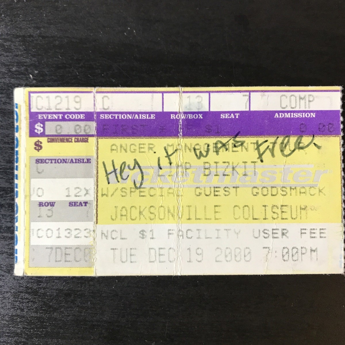 Ticket Stub - LIMP BIZKIT hometown show w/ GODSMACK 12/19/2000 Jax