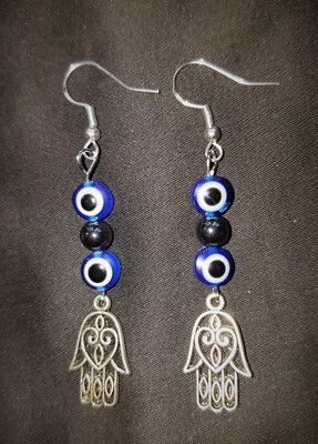 Hamsa Hand, Steampunk Edwardian Pierced Earrings, Protective Eye, & Hematite