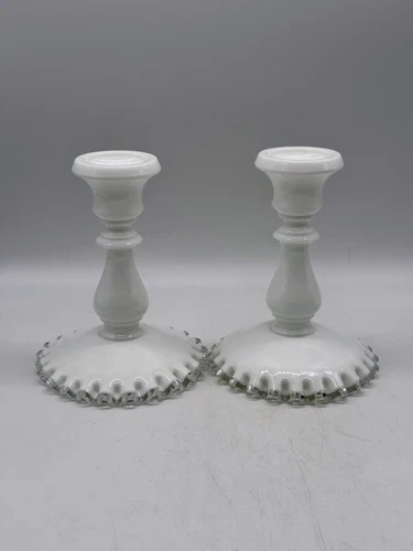 Vintage Fenton Milk Glass Silver Crest Candle Holders Set Of 2 Ruffle Edge