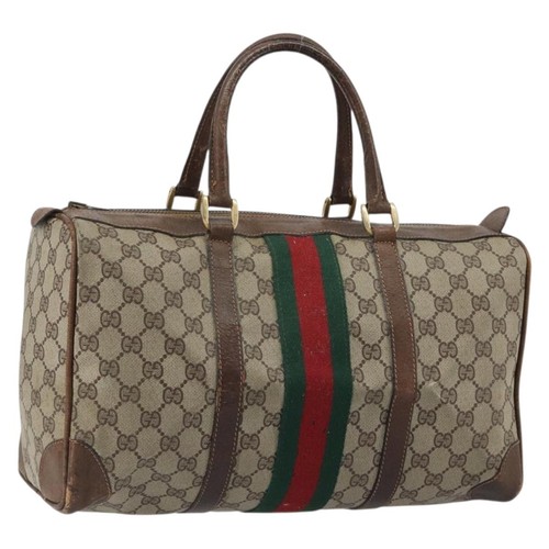 GUCCI GG Supreme Web Sherry Line Hand Bag PVC Beige Gold Auth 187823
