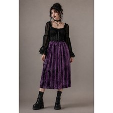 Whimsigoth Purple Crushed Velvet Pleated Midi Skirt Raw Hem Goth Size M