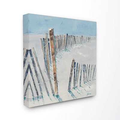 Beach Fence Ocean Landscape Blue Brown Painting Canvas Art, 17 x 17, Design b...