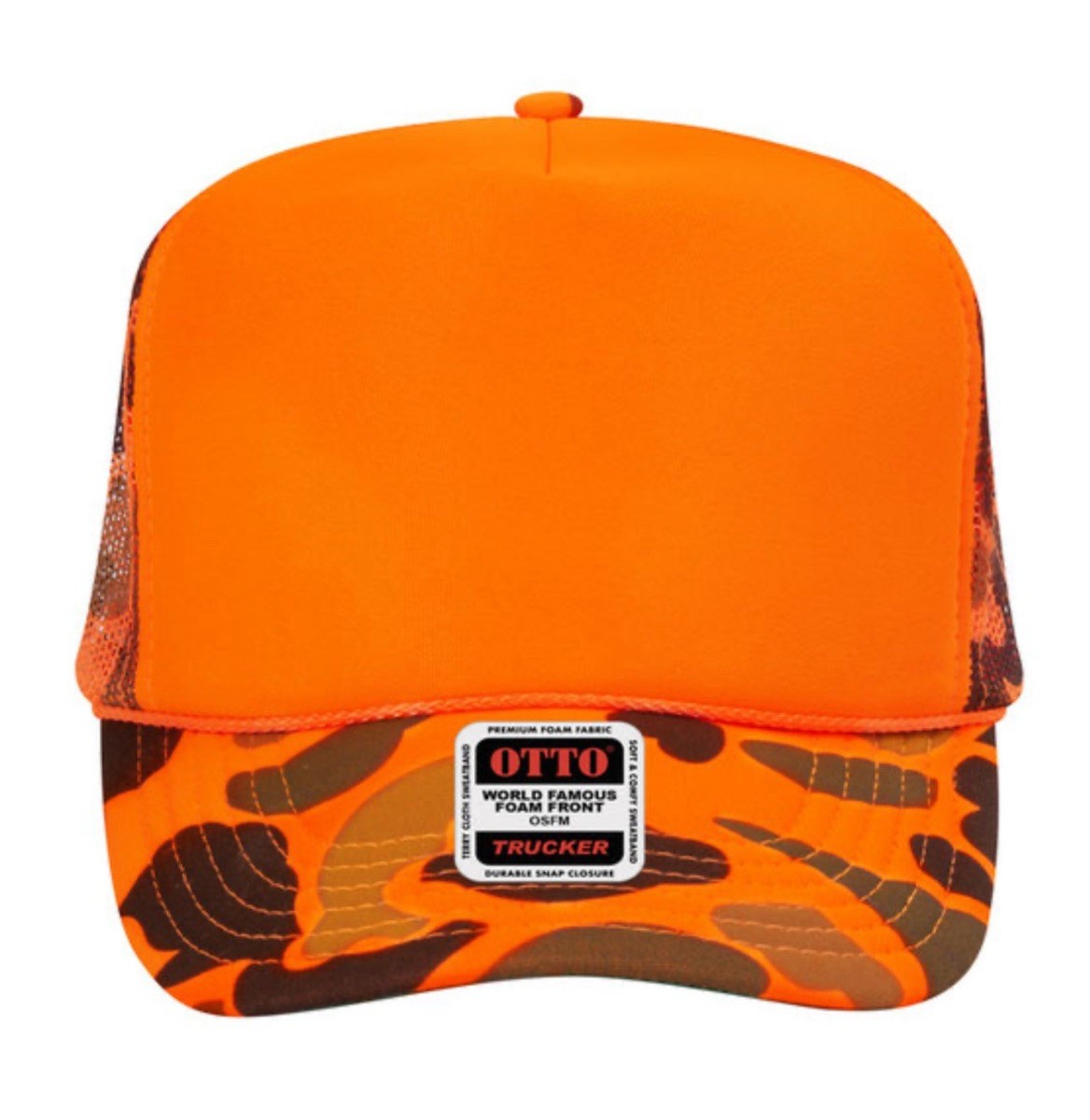 NEW OTTO CAP 39165 ORANGE CAMO HAT 5 PANEL HIGH CROWN TRUCKER