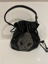 Thomas Wylde Y2K Black Crinkle Leather Drawstring Skull Studded Satchel Handbag