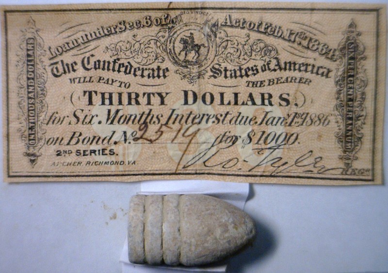 1864 CONFEDERATE $30 Intrst Note PLUS a Civil War UNused never fired BULLET NR
