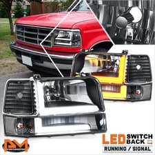 For 92-96 Ford F150-F350 Bronco L-Shape LED Switchback Headlights Black/Clear
