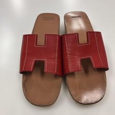 HERMES Sandals Mule Shoes H Logo EU 36 US 6 Wood Leather Red Brown Authentic