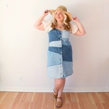 GAP Patchwork Denim Mini Dress Blue Button Front Sleeveless Pinafore L
