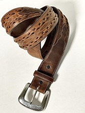 VTG JUSTIN Stitched Fancy Western Brown Leather Style BELT Snap Off Buckle Sz38