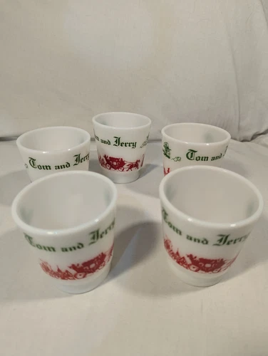 Vintage Hazel Atlas Tom And Jerry Milk Glass Eggnog Cups Mugs Set Of 5
