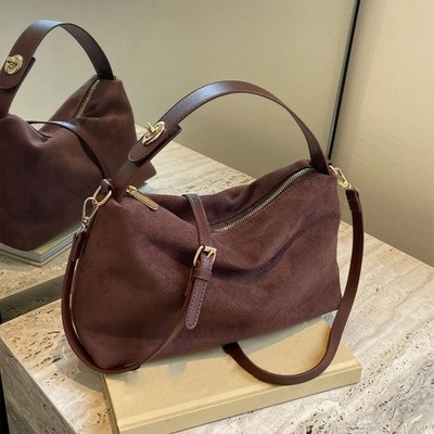 Zipper Faux Suede Pillow Shoulder Crossbody Bags Simple Solid  Handbags Women
