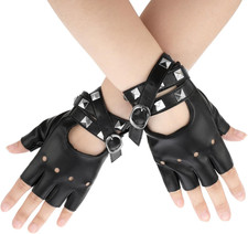 Black PU Fingerless Punk Gloves with Rivets Adjustable Strap Half Finger