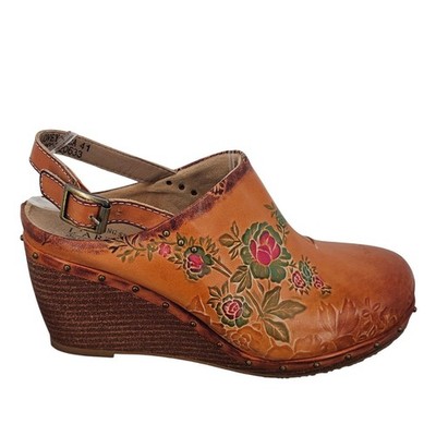 Spring Step L Artiste Loveya Leather Floral Hand Painted Wedge Clogs US 9.5-10