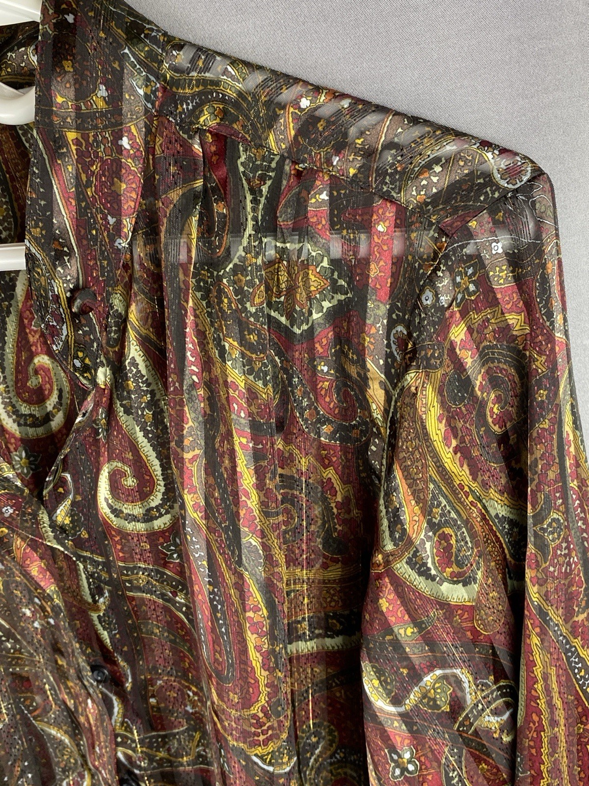 SAINT LAURENT Top elegante donna Yves taglia 14 marrone oro paisley trasparente con bottoni manica lunga