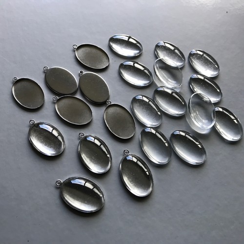 Cabochon Tray Glass Dome Set OVAL Smooth Stainless Steel Pendant DIY Kit 14-30mm - Picture 30 of 39