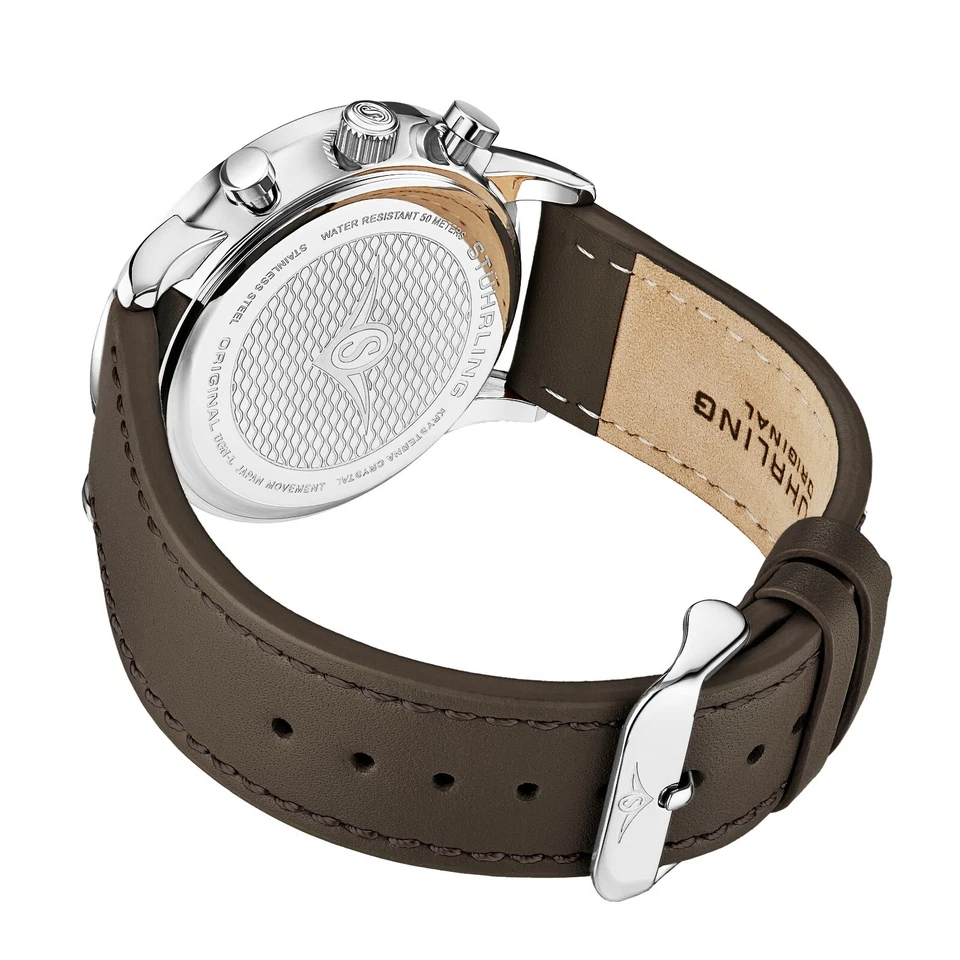 Relógio masculino Stuhrling 44 mm movimento muscular cronógrafo 9,5 mm pulseira de couro - Imagem 2 de 2