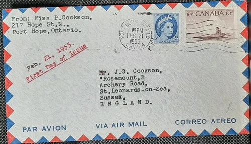 (CAN-219) CANADA 1955 Envelope FDC With SG457,467 from Port Hope to Sussex ENG