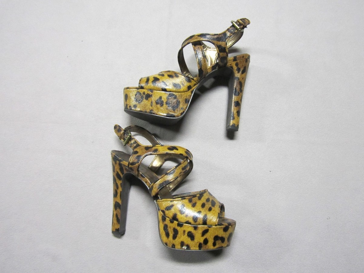 FOREVER 21 WOMENS PATENT LEATHER BLACK ORANGE CHEETAH PRINT HEELS SHOES  SIZE