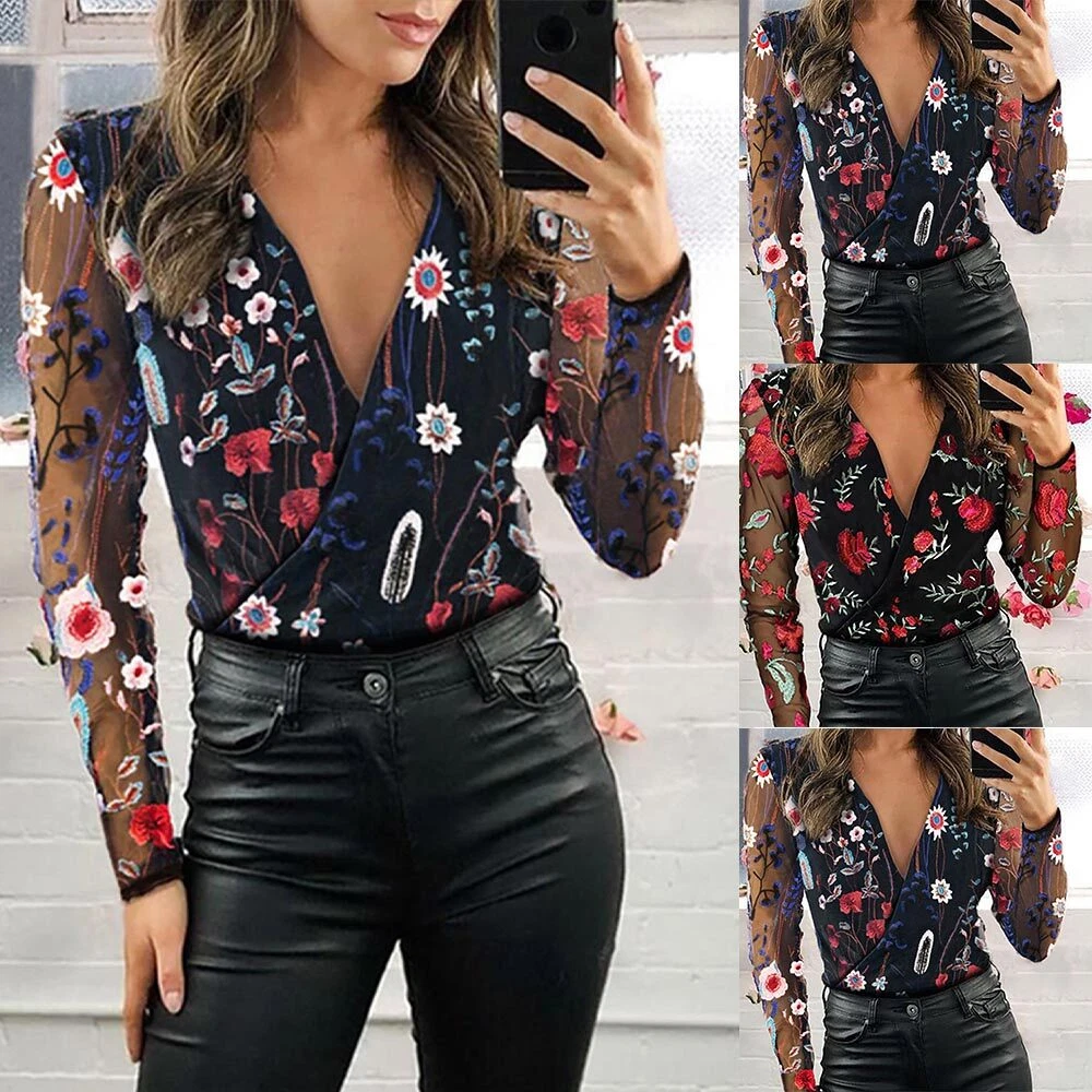 Womens V Neck Floral Mesh Long Sleeve Tops Ladies OL Office Casual