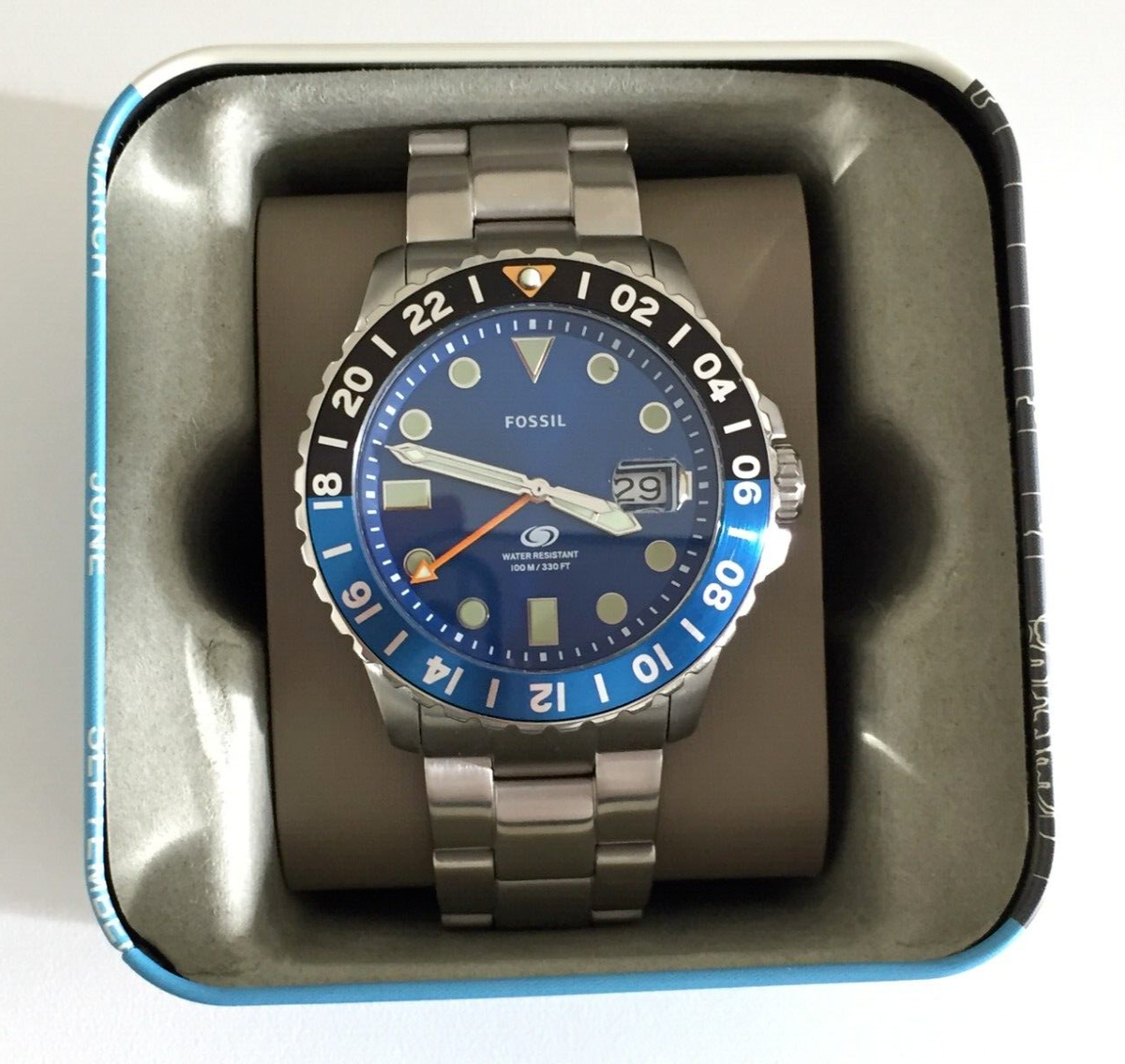 Fossil FS5991 Mens New Blue GMT Stainless Steel Silver Watch