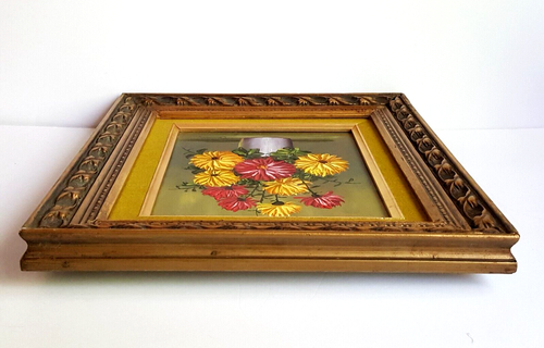 Vintage Blumen Ölgemälde gelb rot Blumen antik gold Holzrahmen signiert - Bild 11 von 18