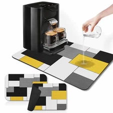 Coffee Mat for Countertops Yellow Black White Grey Modern Dish Drying Mat 2 P...