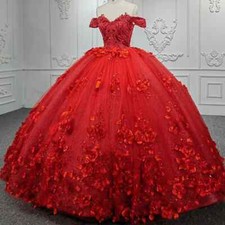 Red 3d Flower Quinceanera Dresses Ball Gown Sweetheart Glitter Beading Sweet 16