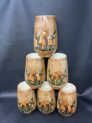 Vintage Merry Mushroom Ceramic Tumblers Glasses Arnels 1970 lot paint loss